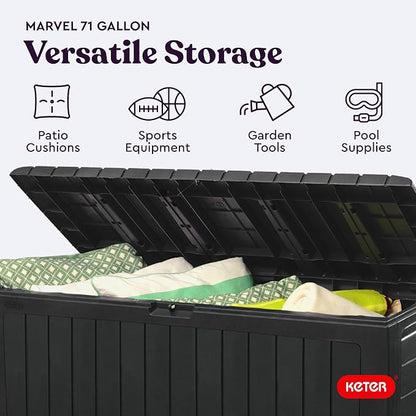 Keter Marvel Plus 71 Gallon Resin Outdoor Storage Box for Patio, Balcony & Garden – Weather‑Resistant Deck Box for Cushions, Pillows, Pool Floats & Tools, Dark Grey