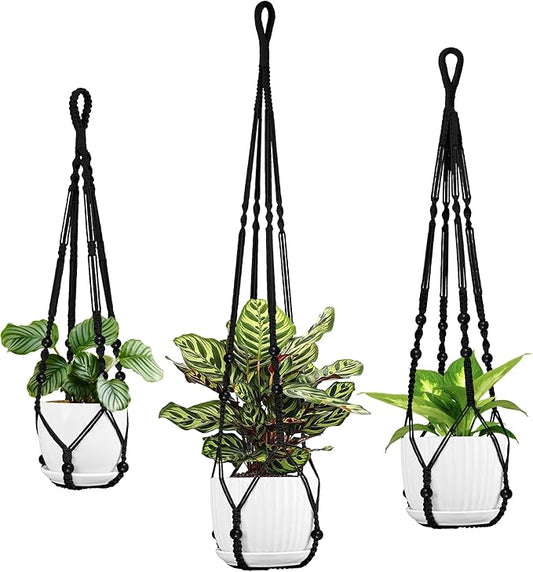 Macrame Plant Hanger - Fits 4 to 15 inches Pots for Indoor Outdoor, 43"/35"/29" Different Sizes Set, Black (POTS NOT Included)