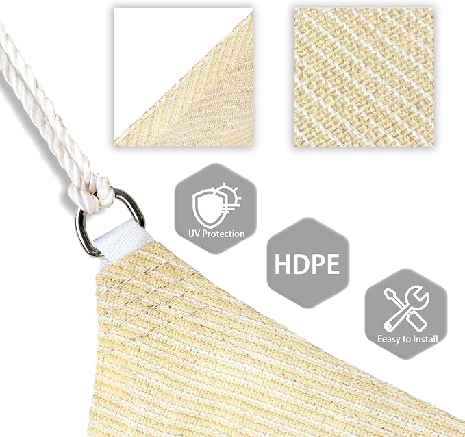 Patio Paradise 28' x 28' x 28' Sun Shade Sail Triangle Canopy Shade Cloth Fabric Sunlight Block Patio Pergola Cover HDPE Deck Awning for Outdoor Backyard Roof Shading, Beige