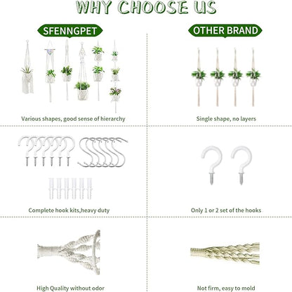 Macrame Plant Hangers, 6Pack Hanging Planters for Indoor Plants w/ 6 Set Hangers Kit Handmade Macromay Plant Hangers Indoor Flower Pots Holder Stand for Boho Home Décor (POTS NOT Included)
