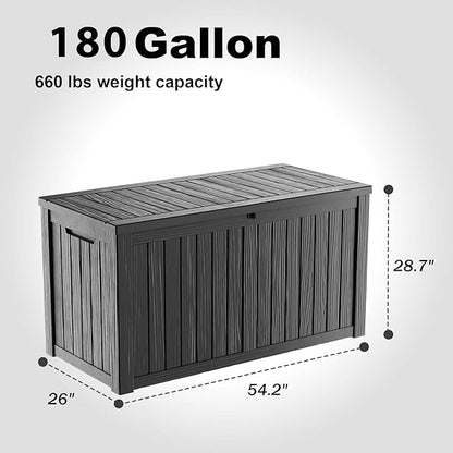 EasyUp 180 Gallon Outdoor Deck Box Waterproof, UV Resistant Resin Outdoor Storage Box with Hydraulic Rod for Delivery, Porch, Patio and Garden, Black