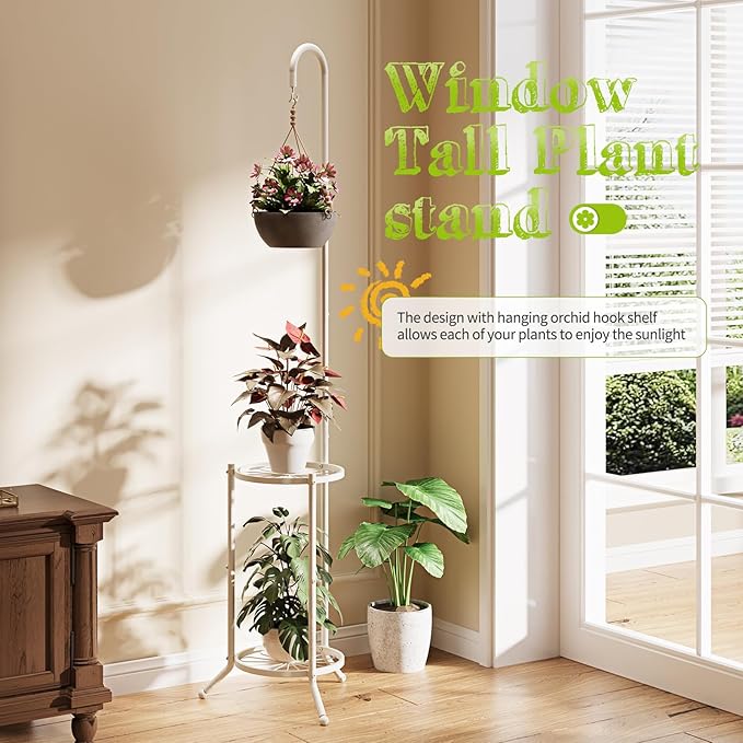 Plant Stand with Hooks Indoor Outdoor Corner Tall Plant Stand Heavy-Duty Metal 3-Tier Plant Shelf Holder Rack for Patio Garden Balcony Living Room Bedroom(semicircular White)