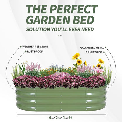 1MORE Galvanized Raised Garden Bed- Planter Garden Boxes Outdoor, Raised Beds for Gardening, 4x2x1ft Metal Garden Bed Kit for Vegetables Flower, Planter Raised Beds with Tools.Green