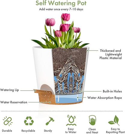 7/6.5/6/5.5/5/4 inch Self Watering Pots for Indoor Outdoor Plants, 6 Pack Plastic Flower Planters with Drainage Holes and Removable Saucers, Plant Pots with Wicking Rope, White Brown
