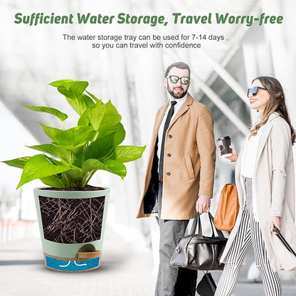 Indoor Self Watering Planters with Drainage Holes and Saucers, 8, 7, 6.5, 6, 5.5, 5 Inches, Green, 6 Pots.