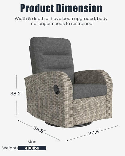 Outdoor Swivel Recliner Chair Set of 2, All-Weather Wicker Reclining Patio Chair with Adjustable Backrest and Footrest