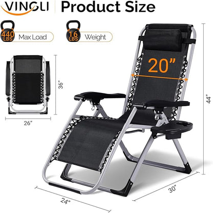 VINGLI Padded Zero Gravity Chair, Lounge Chair with Removable Cushion & Tray， Folding Reclining Patio Chairs， Recliner Chair for Lawn，Indoor and Outdoor-Blue