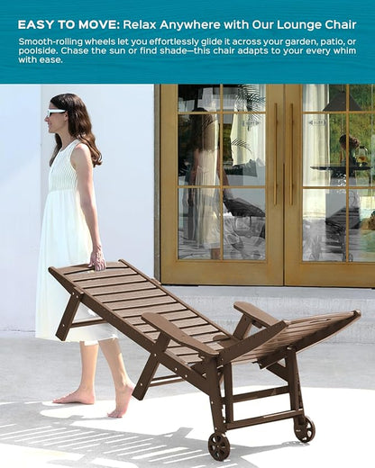 Ciokea Outdoor Lounge Chair Set of 4, All Weather Patio Chaise Lounge Chair for Outside, HDPE Chair with Rolling Wheels & Cup Holder, 5 Position, Deck, Pool, Dark Brown