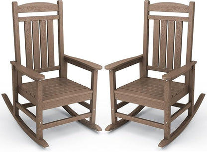 KINGYES Outdoor Rocking Chair Set of 2, High Density Polyethylene Patio Rocking Chairs with 330lbs Support for Adults, Brown