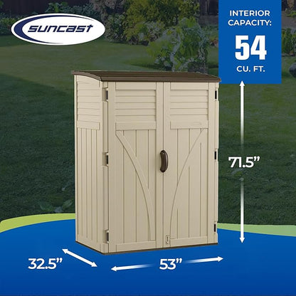 Suncast Outdoor Storage Shed, Water Resistant Resin Vertical Outdoor Storage Cabinet for Patio, Garden Tools, Cushions, & Equipment, Weatherproof Multi-Wall Design, 54 cu. ft., Made in USA