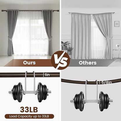 2 PACK 1” Diameter brown curtain rod Itself is 30 to 60 inch. 1 Pack Fits 30-54 inch Windows with Heavy Duty Adjustable brown curtain rods Splicing Metal Extra Long Curtain Rod