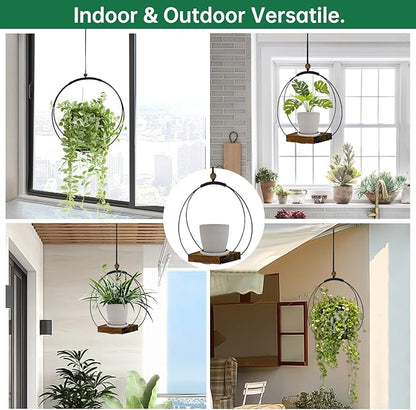 Hanging Planter for Indoor Plants,Plant Hanger with Sturdy Wood Base & Pot, Modern Boho Macrame Plant Hanger,Wall Ceiling Window Stands(2 Pack+Pots)