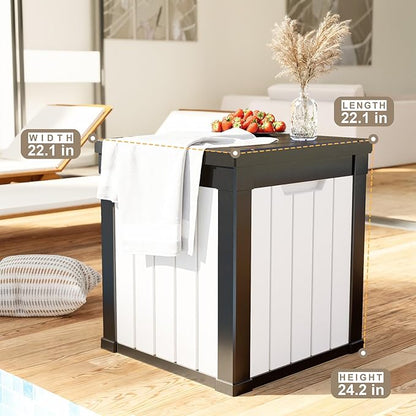ROJIK Outdoor Storage Housing Deck Box - Waterproof Patio Furniture, Garden Tools, Cushions, Pool Accessories Storage Bench with Lockable Lid and Side Handles (Black & Whiter, 50 Gal)