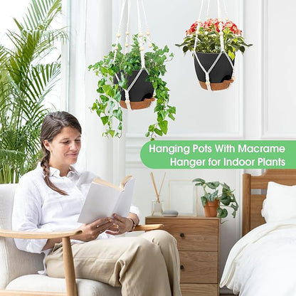 Hanging Planters for Indoor Outdoor Plants, 2 Pack Self Watering Hanging Pot with Drainage Holes, Removable Tray & 2 Kinds of Plant Hangers, 8'' Hanging Flower Pots for Home Garden Decor, Black