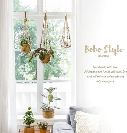 Mkono Macrame Plant Hanger Indoor Hanging Planter Basket with Wood Beads Decorative Flower Pot Holder No Tassels for Indoor Outdoor Boho Home Decor 35 Inch, Brown, Set of 3 (POTS NOT Included)