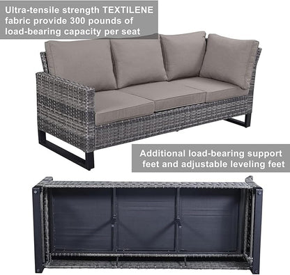 Belord Patio Sectional Furniture Set with Fire Pit Table: 8 Pieces Wicker Patio Conversation Set with L Shaped Sofa, Outdoor Swivel Glider Rocker, Rattan Ottomans, Removable Cushions Grey
