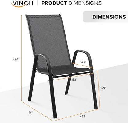 VINGLI Patio Chairs Set of 4 – Stackable Outdoor Dining Chairs with Comfortable Sling High Back Chairs and Armrests for Lawn, Poolside, Courtyard, Balcony, Garden, Black