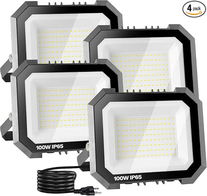 4 Pack LED Flood Lights Outdoor, 100W 10000LM Super Bright Floodlight Outside Work Light with 5.9FT Plug, IP65 Waterproof 6000K Outdoor LED Flood Light for Garage, Yard, Lawn, Garden