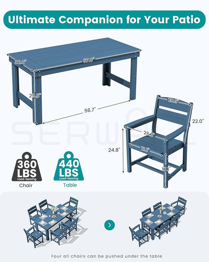 SERWALL Outdoor Dining Table Set, 67‘’ HDPE Patio Dining Set for 6, All-Weather Outdoor Table and Chairs Set for Deck, Blue