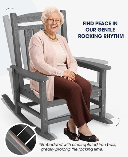 KINGYES HDPE Outdoor Rocking Chair, Widened Seat Patio Rocking Chair, Oversized All Weather Patio Rocker, Gray