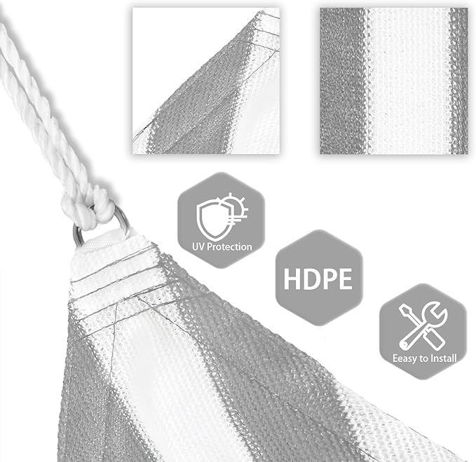 Patio Paradise 8' x 8' x 8' Sun Shade Sail Triangle Canopy Shade Cloth Fabric Sunlight Block Patio Pergola Cover HDPE Deck Awning for Outdoor Backyard Roof Shading, Gray White Strip