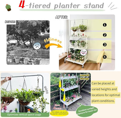 lumizone Foldable 4-Tier Plant Stand Indoor Outdoor Hanging Plant Shelf No Assembly Required Pot Placement Area With Wheels Sturdy Fall Prevention Storage Shelf Flower Pot Stand(4 Tier-Black)