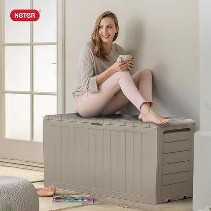 Keter Marvel Plus 71 Gallon Resin Outdoor Storage Box for Patio, Balcony & Garden – Weather‑Resistant Deck Box for Cushions, Pillows, Pool Floats & Tools, Beige