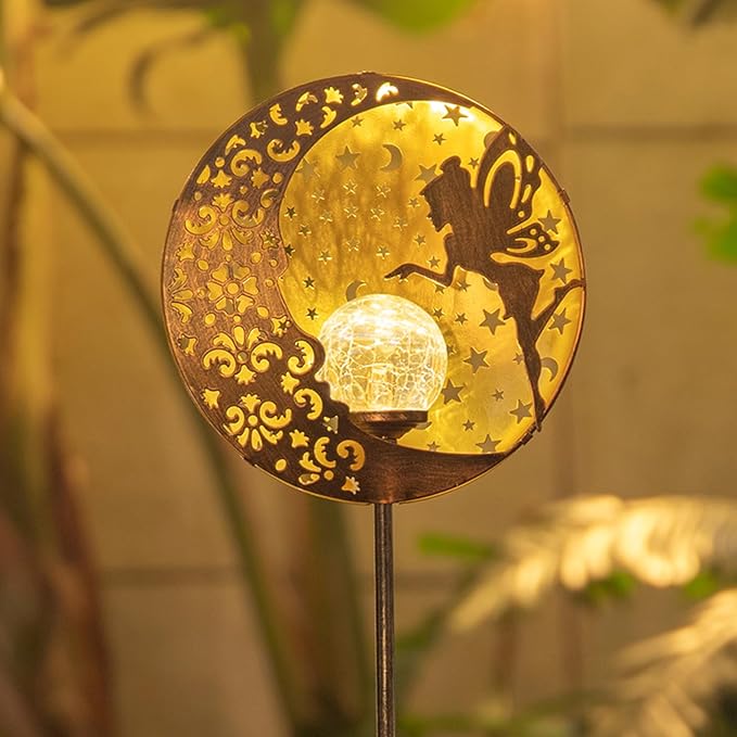 Tryme Solar Fairy Garden Lights - Moon Star Glass Globe Pathway Stake, Waterproof Outdoor Decorative Lights for Patio, Yard, Lawn