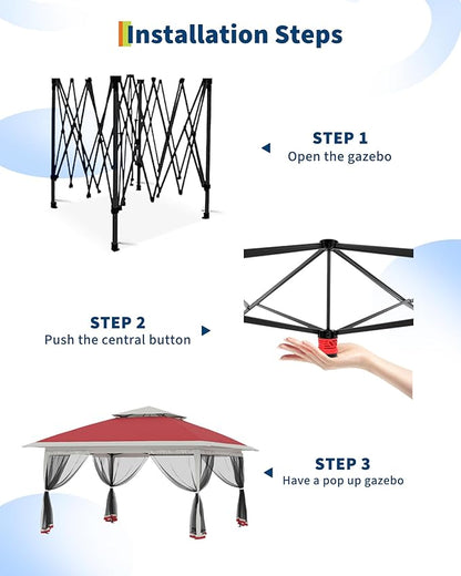 Canopy Tent 12x12 ft, Pop Up Gazebo One-Push Setup with 4 SandBags for Backyard Parties and BBQs, Mosquito Netting & Height Adjustable - Red