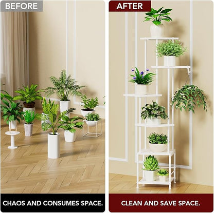 Plant Stand Indoor with Grow Light, 6-Tiered Tall Plant Stand Indoor, Metal Plant Shelf with Hanging Basket Hook and Adjustable Light, Ideal for Living Room, Garden, Patio white