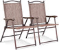 Giantex Set of 2 Patio Folding Chairs, Outdoor Patio Dining Chairs w/Armrest, Sling Back, Metal Frame, Outside Use for Lawn Camping Garden Pool Beach Yard Lounge, No Assembly, Brown