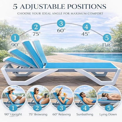 Kozyard Outdoor Chaise Lounge Chair, Full Flat Adjustable Patio Lounger with Aluminum Frame & Resin Legs, Textilene Fabric for Poolside, Backyard & Beach (Aqua/WhiteFrame, Chair + Table)