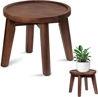 Demigo Indoor Plant Stand, Acacia Wooden Decorative Plant Shelf with Spill-Proof Tray, Stable 8” Tall Flower Holder for Heavy Pots, Gardening Display for Decor Living Room Patio - Dark Brown