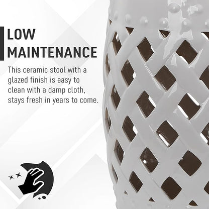 Outsunny 13" x 18" Ceramic Garden Stool with Woven Lattice Design & Glazed Strong Materials Decorative Outdoor Stool, White