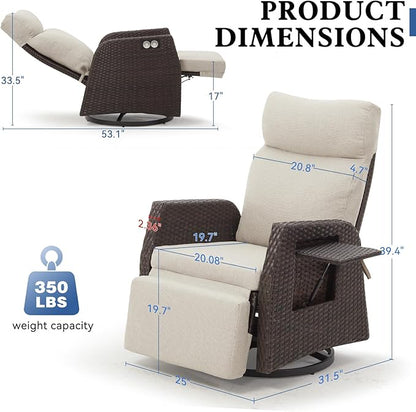 Adjustable Outdoor Recliner Chair with Independent Backrest & Footrest, Patio Swivel Recliner Chair, Wicker Reclining Patio Chair w/Flip-Up Table, Air Pump 155° Lay Flat Chaise Lounge, Beige