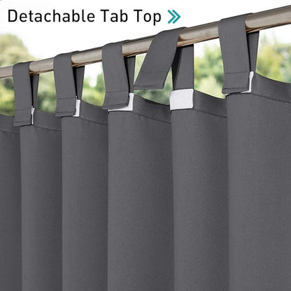 NICETOWN 2 Pieces Porch Curtainss Outdoor Waterproof 120" Extra Long, Detachable Sticky Tab Top Blackout Indoor Outdoor Living Dividers Thermal Insulated Blinds for Patio & Pergola, Grey, 104" W Total