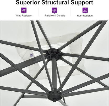 PURPLE LEAF 9'×9' Patio Umbrella with Base Outdoor Cantilever Umbrella with Cover Aluminum Square Offset Umbrella with 360-degree Rotation for Deck Pool Garden White