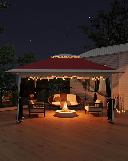 Canopy Tent 12x12 ft, Pop Up Gazebo One-Push Setup with 4 SandBags for Backyard Parties and BBQs, Mosquito Netting & Height Adjustable - Red