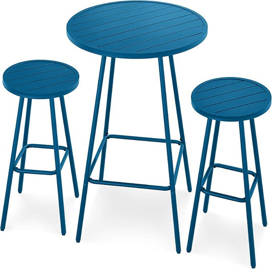 Best Choice Products 3-Piece Patio Dining Set, Bar Height, Outdoor Bistro Set, Outdoor Round Bar Table w/ 2 Bar Stools, Steel - Peacock Blue