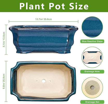 Bonsai Tree Pot - 13.7 Inch Large Ceramic Succulent Planter for Indoor Outdoor, Rectangle Plant Pot with Drainage Hole, Decorative Flower Pots, Home Decor, Gifts for Plant Lovers, Retro Blue