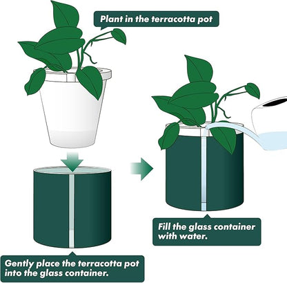 D'vine Dev 8 Inch Design Self Watering Planter for Indoor Plants, White Terracotta Pot with Teal Cylinder Glass Cup, 37-X-C-5