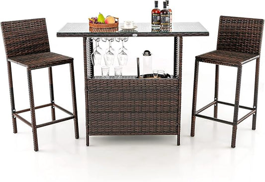 Tangkula Outdoor Bar Set, 3 Pieces Patio Wicker Bar Height Table and Chair Set with 3 Rows Stemware Racks, Hidden Storage Shelf, Tempered Glass Tabletop, 2 Stools for Backyard, Poolside (Mix Brown)