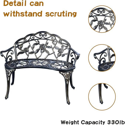 JARDIN DE CENTENNIAL Patio Garden Bench Metal Park Bench Cast Aluminum Outdoor Furniture with Floral Rose for Patio,Park,Lawn,Yard (Copper)