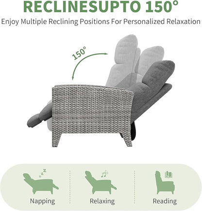 IDEALHOUSE Wicker Outdoor Recliner Reclining Patio Chairs with Adjustable Back & Footrest 150° Lay-Flat Reclining with Air Pump Rattan Flip-Up Side Table Outdoor Lounge Chairs for Pool Deck Balcony