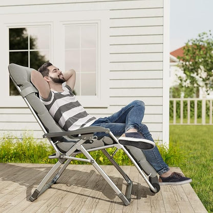 UDPATIO Oversized Zero Gravity Chair 33In XXL Lounge Chair with Removable Cushion |Pillows, Outdoor Folding Reclining with |Cup Holder |Foot Rest |Lock,Reclining Patio Chairs Grey, Support 500LB