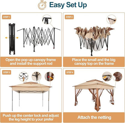 COBIZI 11x11 Pop Up Gazebo Canopy Tent Easy Up Outdoor Gazebo Waterproof Upgrade Portable Gazebo with Mosquito Nettings, Double Vented Roof and Carry Bag for Patio Garden Lawn(Khaki)