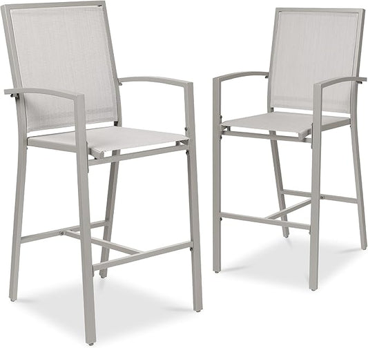 Best Choice Products Outdoor Bar Stools Set of 2, Bar Height, Patio Furniture, All Weather Mesh Design w/Armrest - Gray/Gray