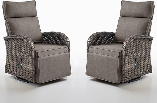 Swivel Outdoor Recliner Chair Set of 2 - Reclining Patio Chair with Adjustable Backrest and Footrest, All-Weather Wicker Chaise Lounge Chair Outdoor for Pool Deck (Upgraded 2.0)