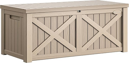YITAHOME 150 Gallon Large Deck Box with X-Shaped Front, Resin Outdoor Storage Boxes, Waterproof Cushion Storage Bench for Patio, Pool Supplies, Garden Tools - Lockable, Taupe