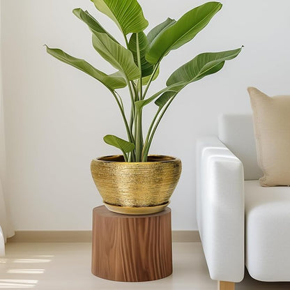 Ceramic Planter 11 Inch - Indoor Plant Pot with Drainage Hole and Saucer Large Planter for Outdoor Plants Mid-Century Decorative Flower Pot for Home Decor Gold